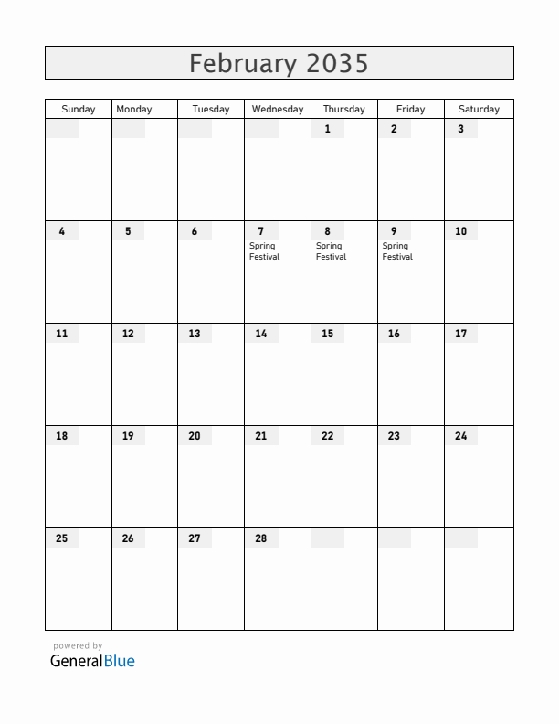 China February 2035 Calendar with Holidays