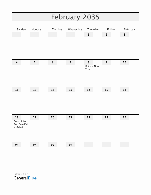 Christmas Island February 2035 Calendar with Holidays