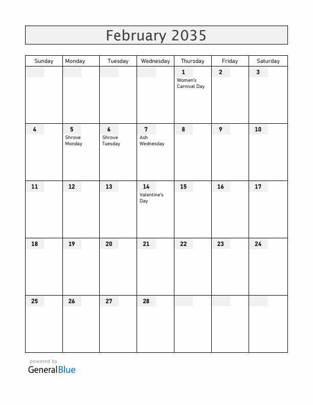 Germany February 2035 Calendar with Holidays