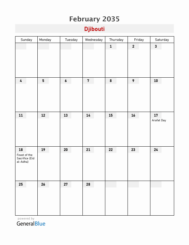 Djibouti February 2035 Calendar with Holidays