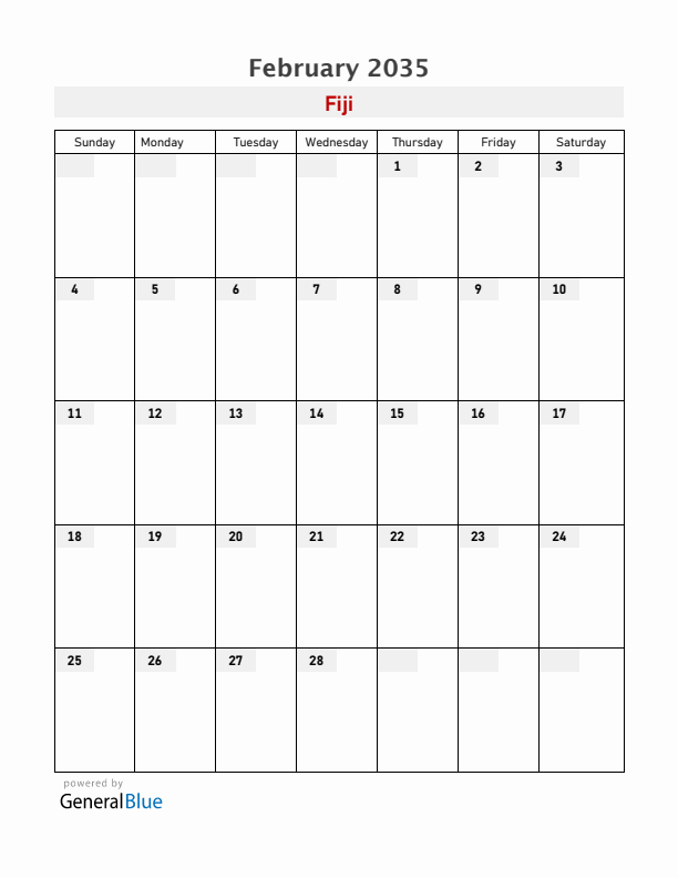 Fiji February 2035 Calendar with Holidays
