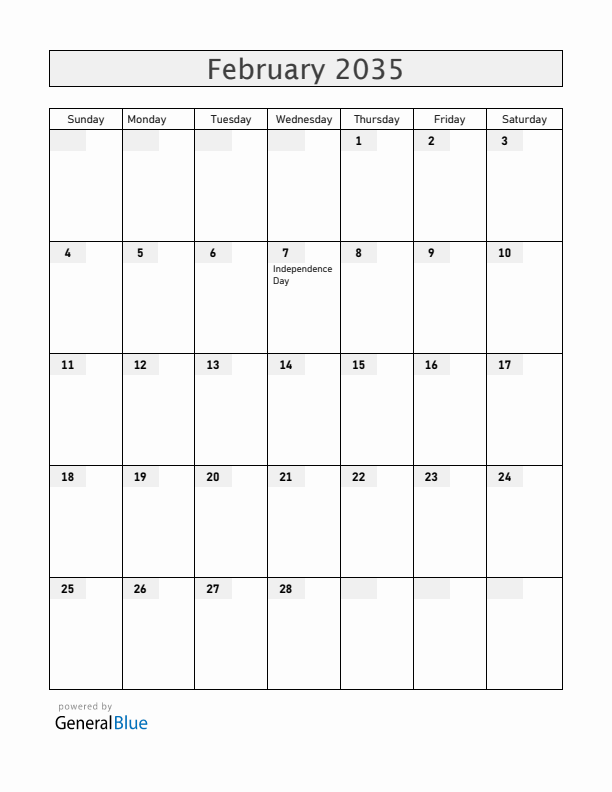 Grenada February 2035 Calendar with Holidays