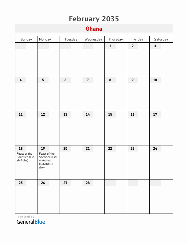 Ghana February 2035 Calendar with Holidays