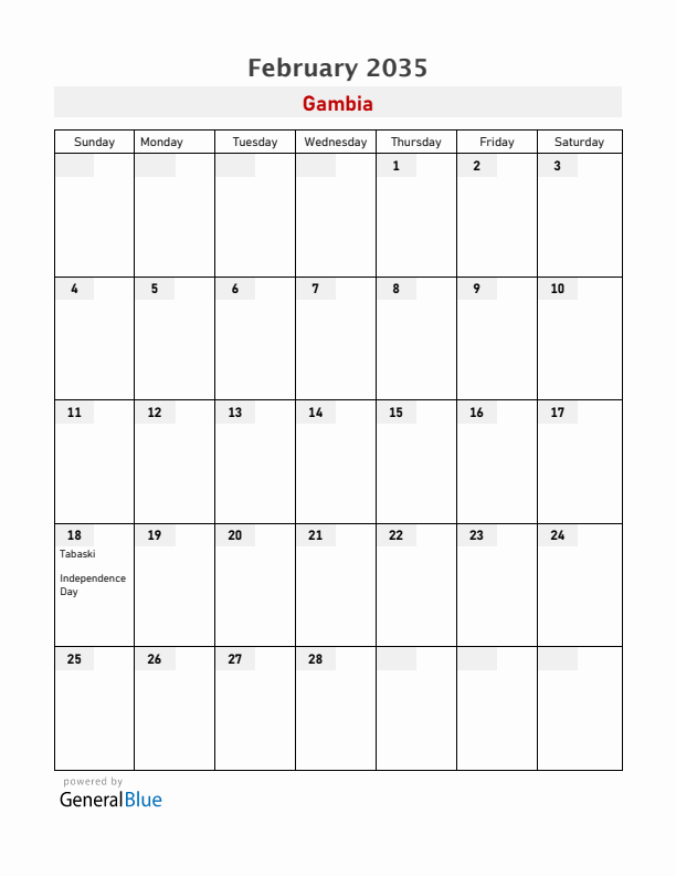 Gambia February 2035 Calendar with Holidays