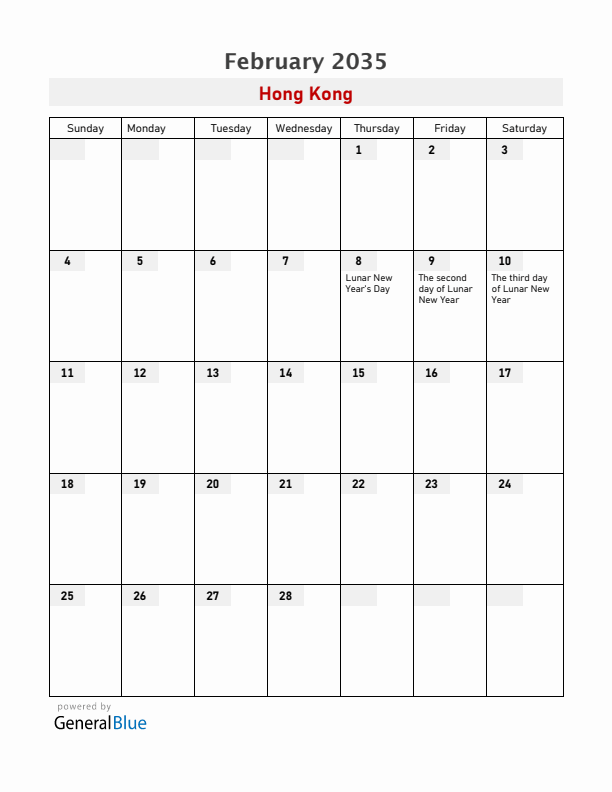 Hong Kong February 2035 Calendar with Holidays
