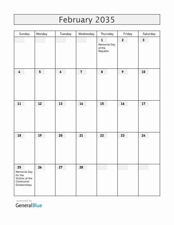 Hungary February 2035 Calendar with Holidays