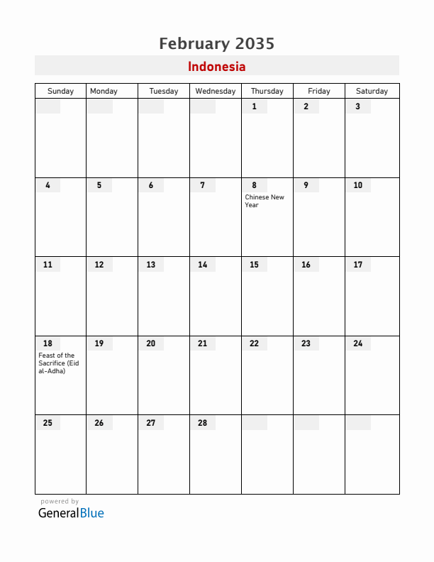 Indonesia February 2035 Calendar with Holidays