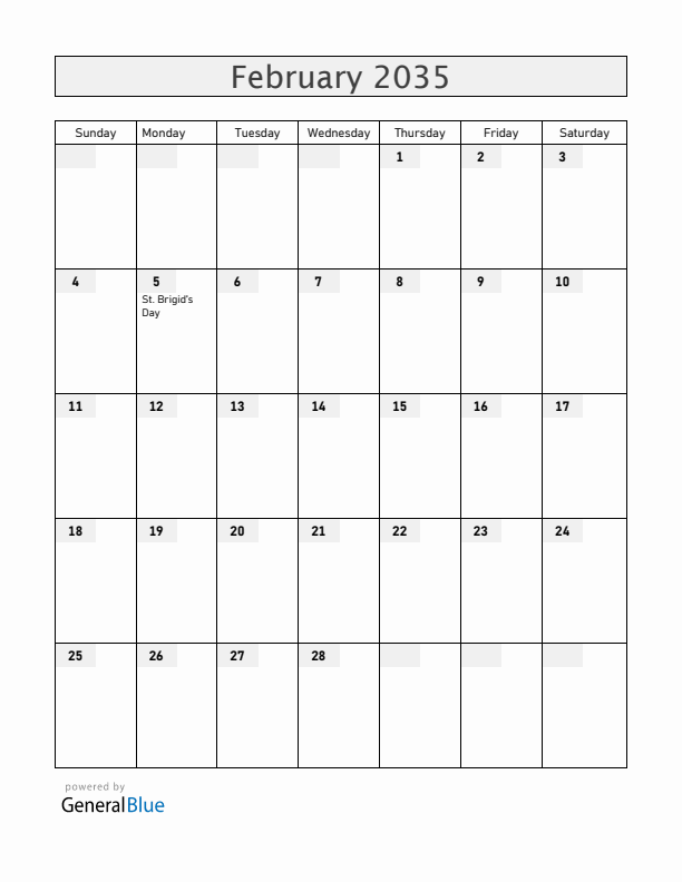Ireland February 2035 Calendar with Holidays