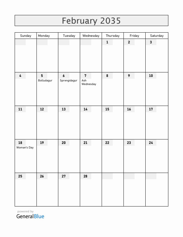 Iceland February 2035 Calendar with Holidays