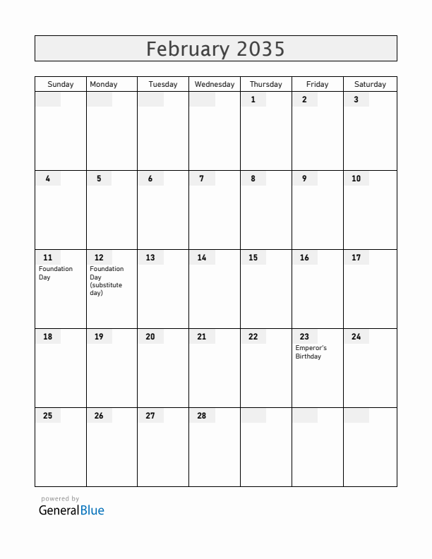 Japan February 2035 Calendar with Holidays