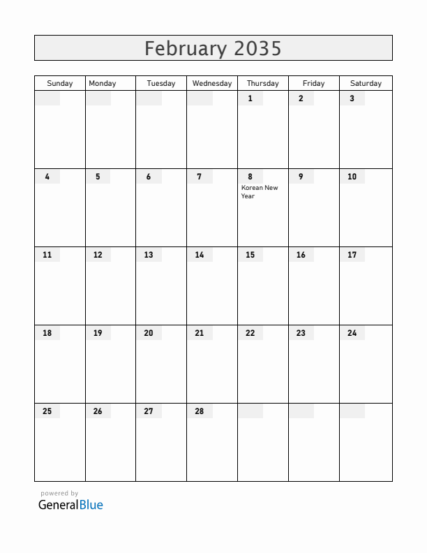 South Korea February 2035 Calendar with Holidays