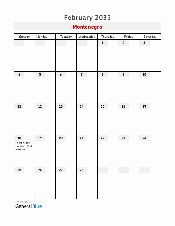 Montenegro February 2035 Calendar with Holidays