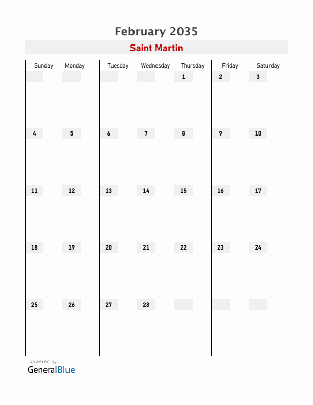 Saint Martin February 2035 Calendar with Holidays