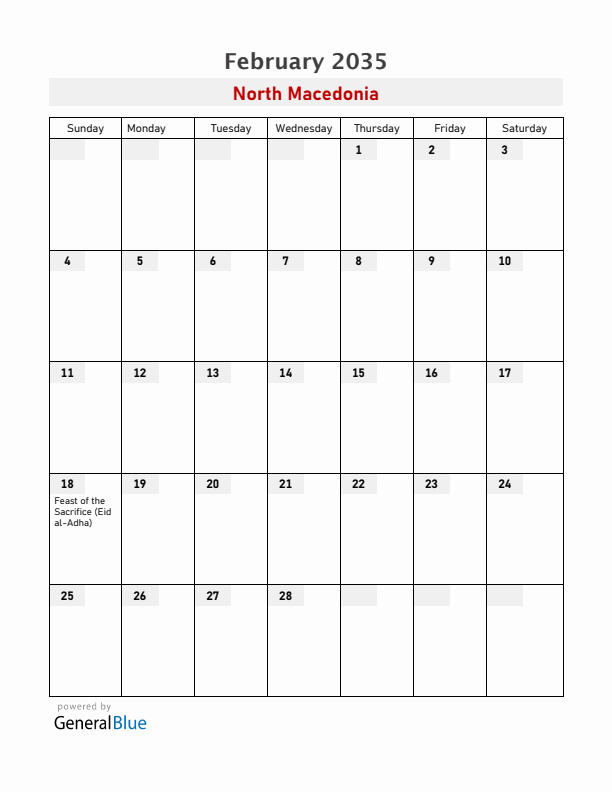 North Macedonia February 2035 Calendar with Holidays