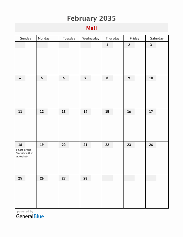 Mali February 2035 Calendar with Holidays