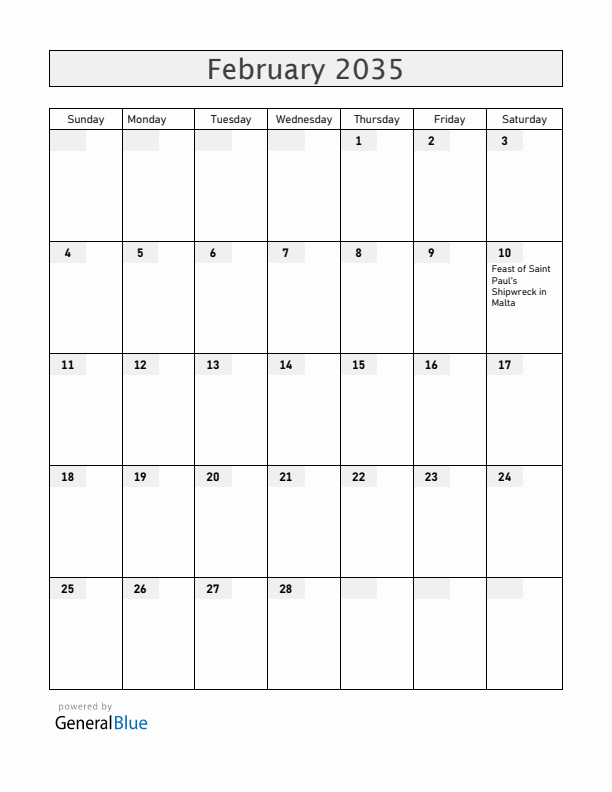 Malta February 2035 Calendar with Holidays
