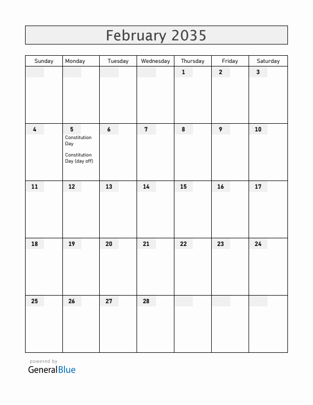 Mexico February 2035 Calendar with Holidays