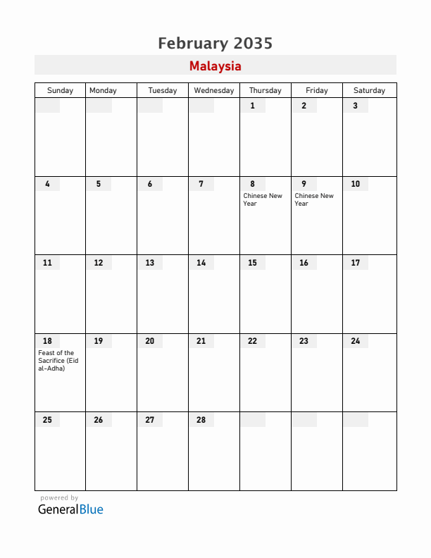Malaysia February 2035 Calendar with Holidays