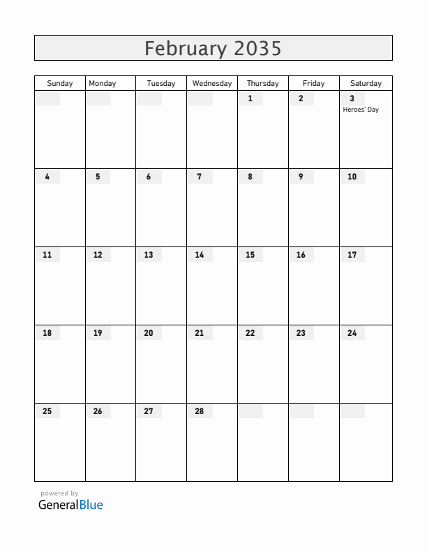 Mozambique February 2035 Calendar with Holidays