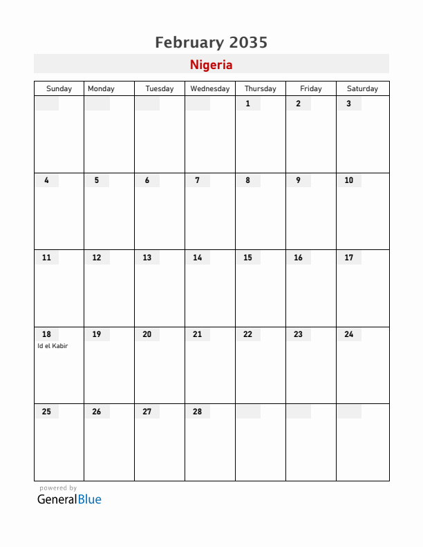 Nigeria February 2035 Calendar with Holidays