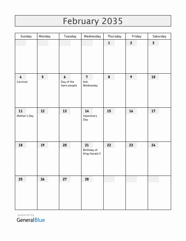 Norway February 2035 Calendar with Holidays