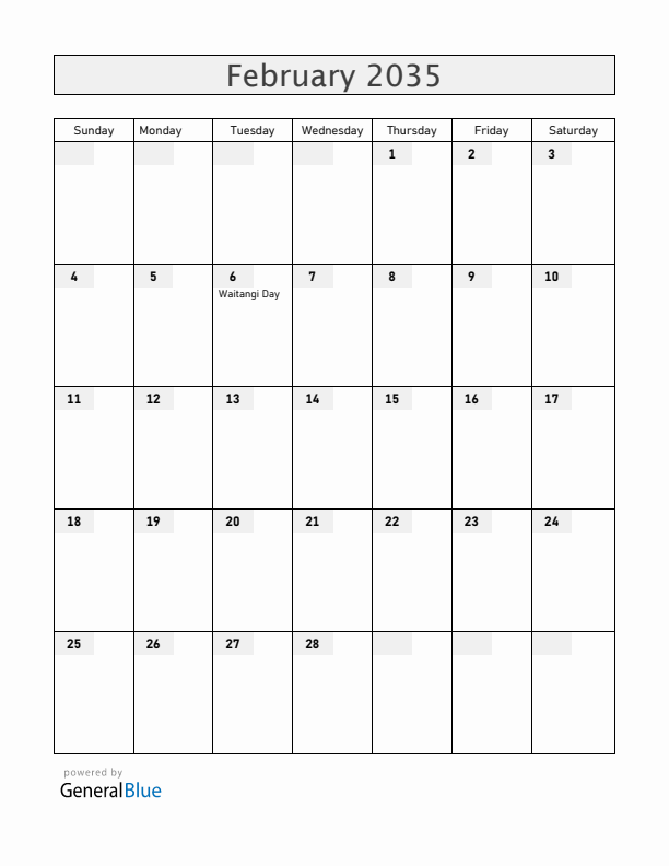 New Zealand February 2035 Calendar with Holidays