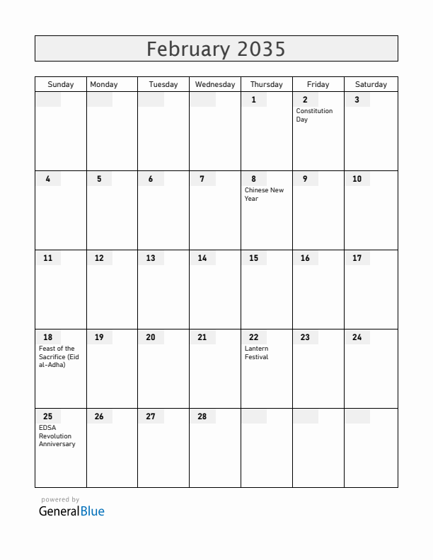 Philippines February 2035 Calendar with Holidays