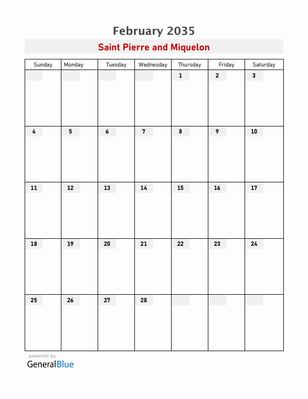 Saint Pierre and Miquelon February 2035 Calendar with Holidays