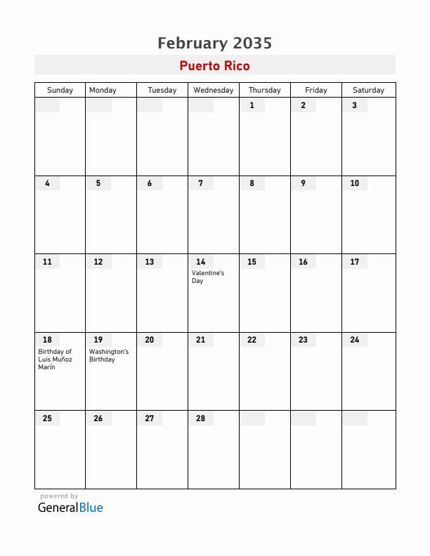 Puerto Rico February 2035 Calendar with Holidays