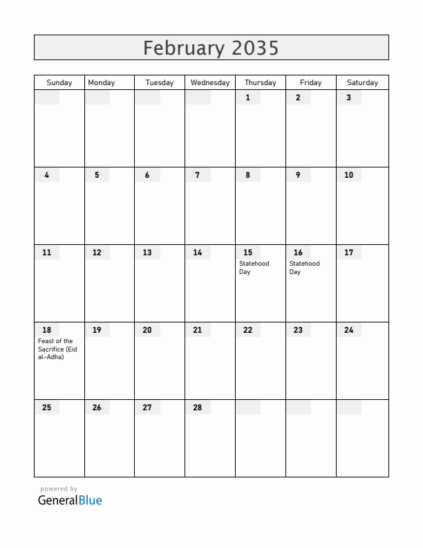 Serbia February 2035 Calendar with Holidays
