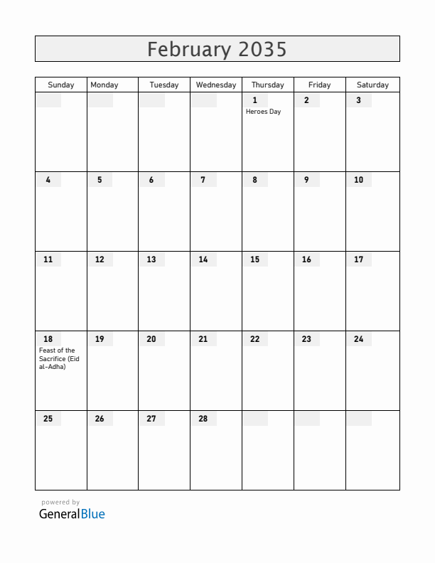 Rwanda February 2035 Calendar with Holidays