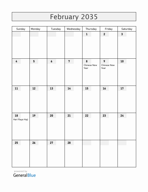 Singapore February 2035 Calendar with Holidays