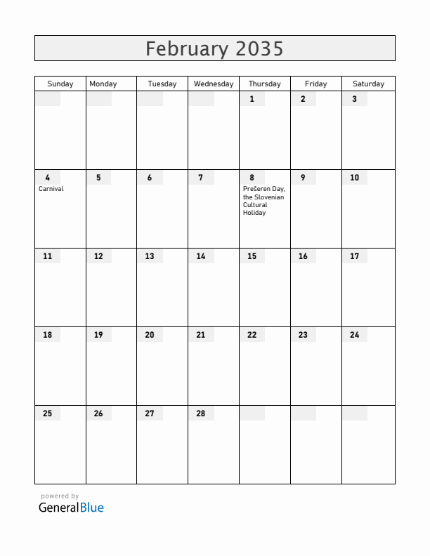 Slovenia February 2035 Calendar with Holidays