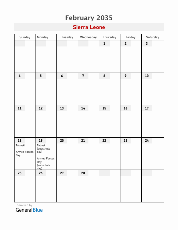 Sierra Leone February 2035 Calendar with Holidays