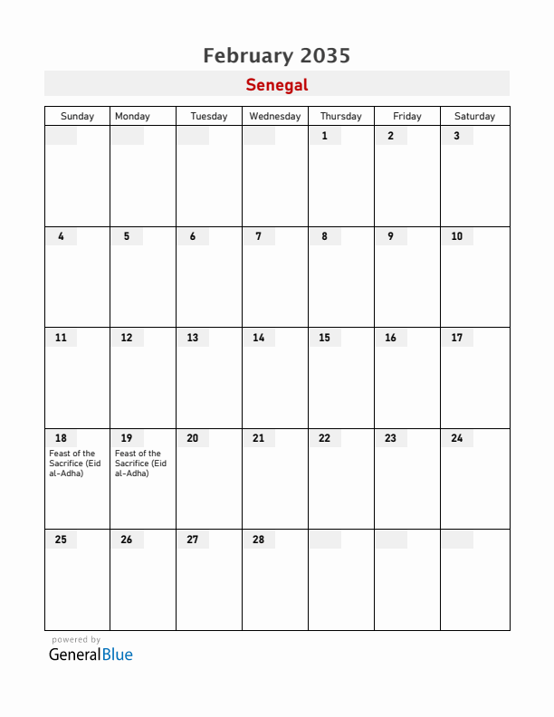 Senegal February 2035 Calendar with Holidays