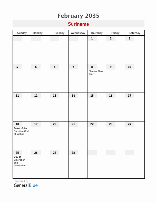 Suriname February 2035 Calendar with Holidays
