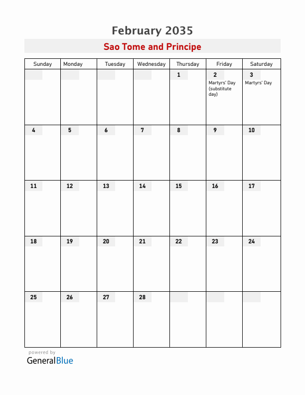 Sao Tome and Principe February 2035 Calendar with Holidays