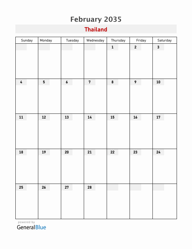 Thailand February 2035 Calendar with Holidays