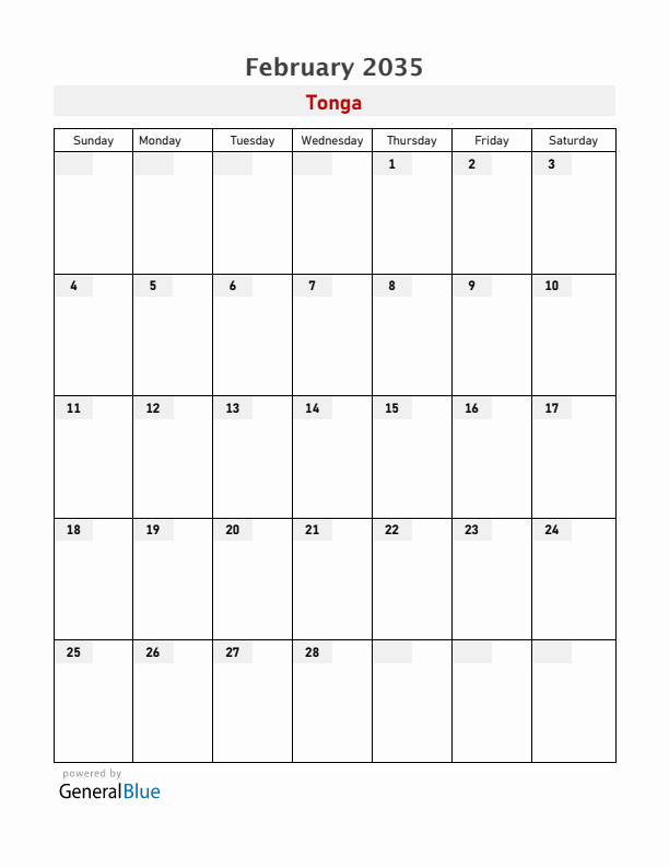 Tonga February 2035 Calendar with Holidays