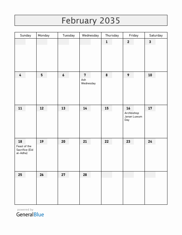 Uganda February 2035 Calendar with Holidays