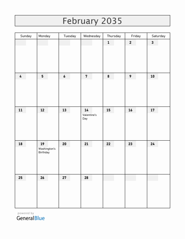 United States February 2035 Calendar with Holidays