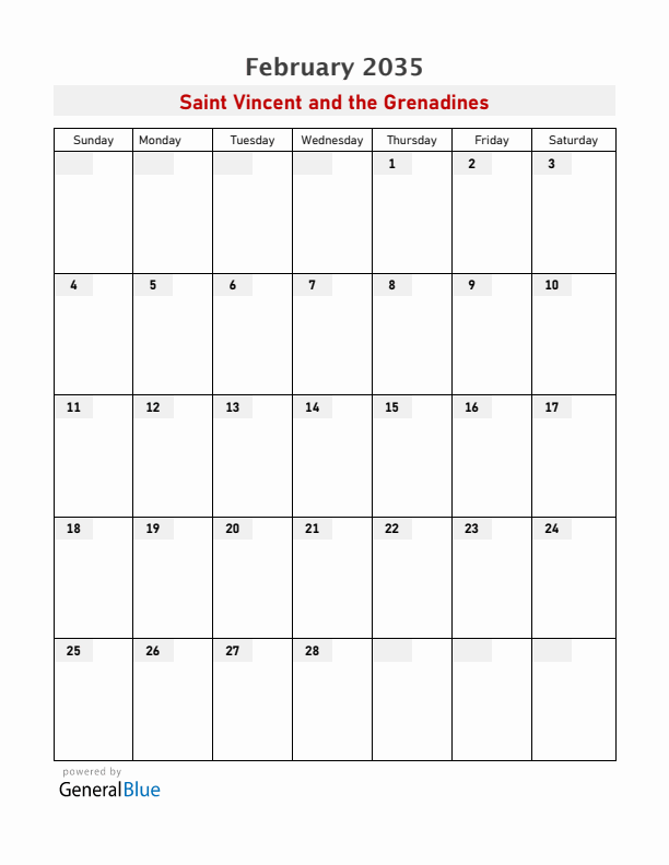 Saint Vincent and the Grenadines February 2035 Calendar with Holidays