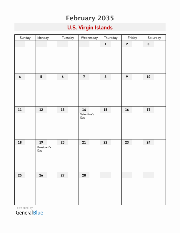 U.S. Virgin Islands February 2035 Calendar with Holidays
