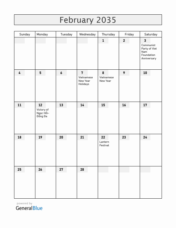 Vietnam February 2035 Calendar with Holidays