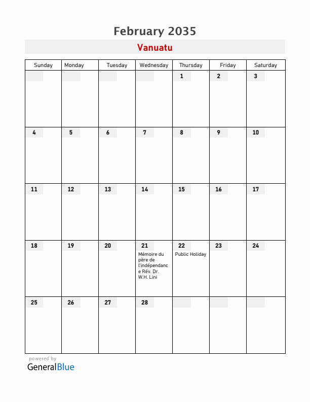 Vanuatu February 2035 Calendar with Holidays