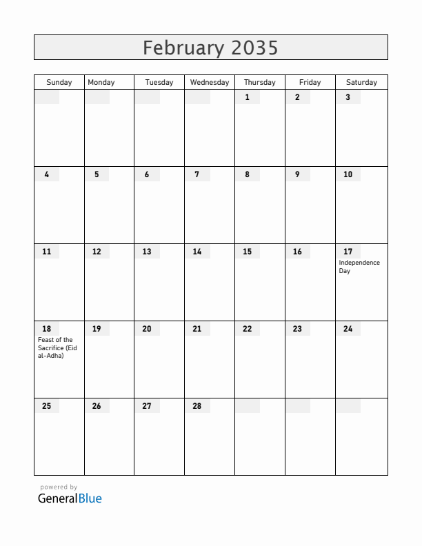 Kosovo February 2035 Calendar with Holidays