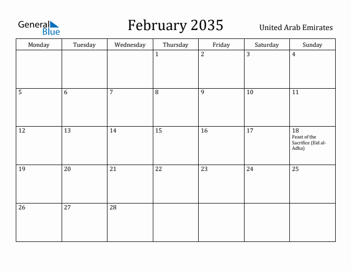 February 2035 Calendar United Arab Emirates