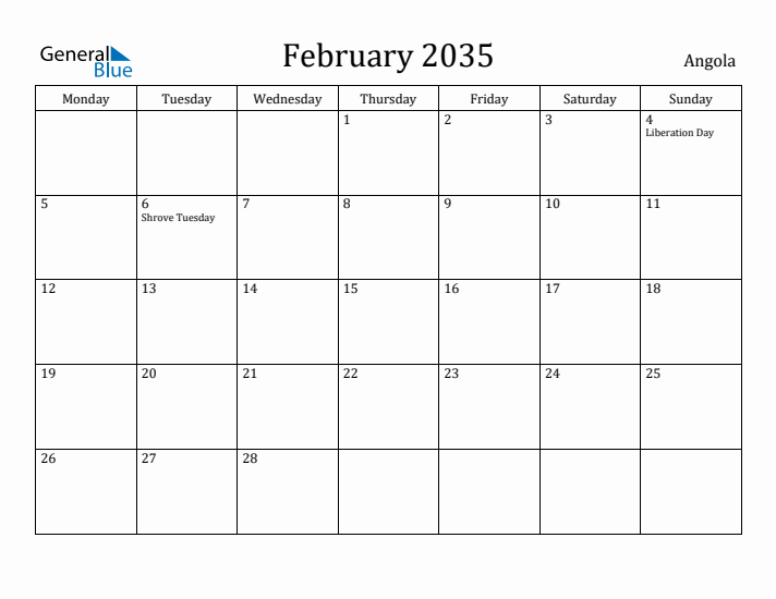 February 2035 Calendar Angola