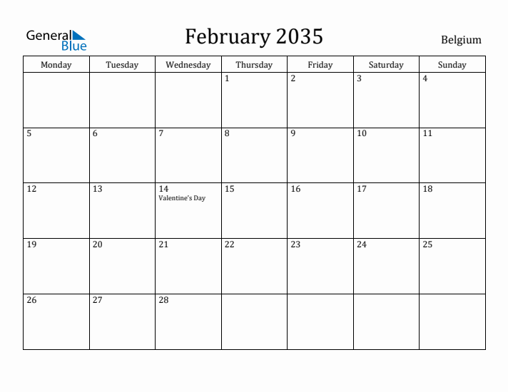 February 2035 Calendar Belgium