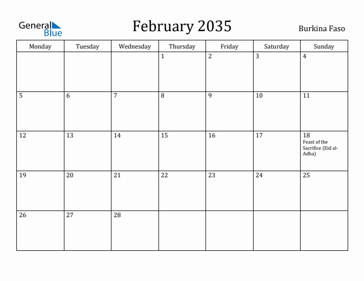 February 2035 Calendar Burkina Faso